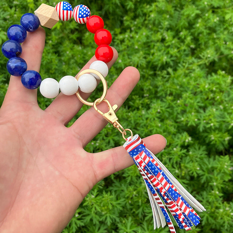 Wholesale Independence Day Wooden Beads Beaded Wrist Keychain